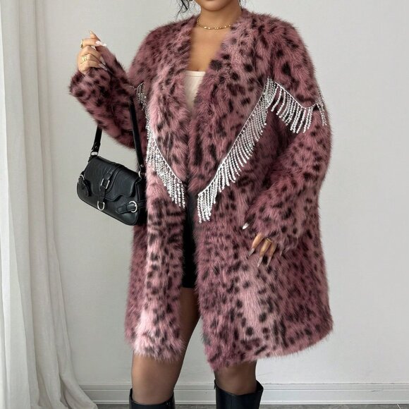 Elegant Women's Pink Faux Fur Leopard Print Coat - Picture 7 of 8